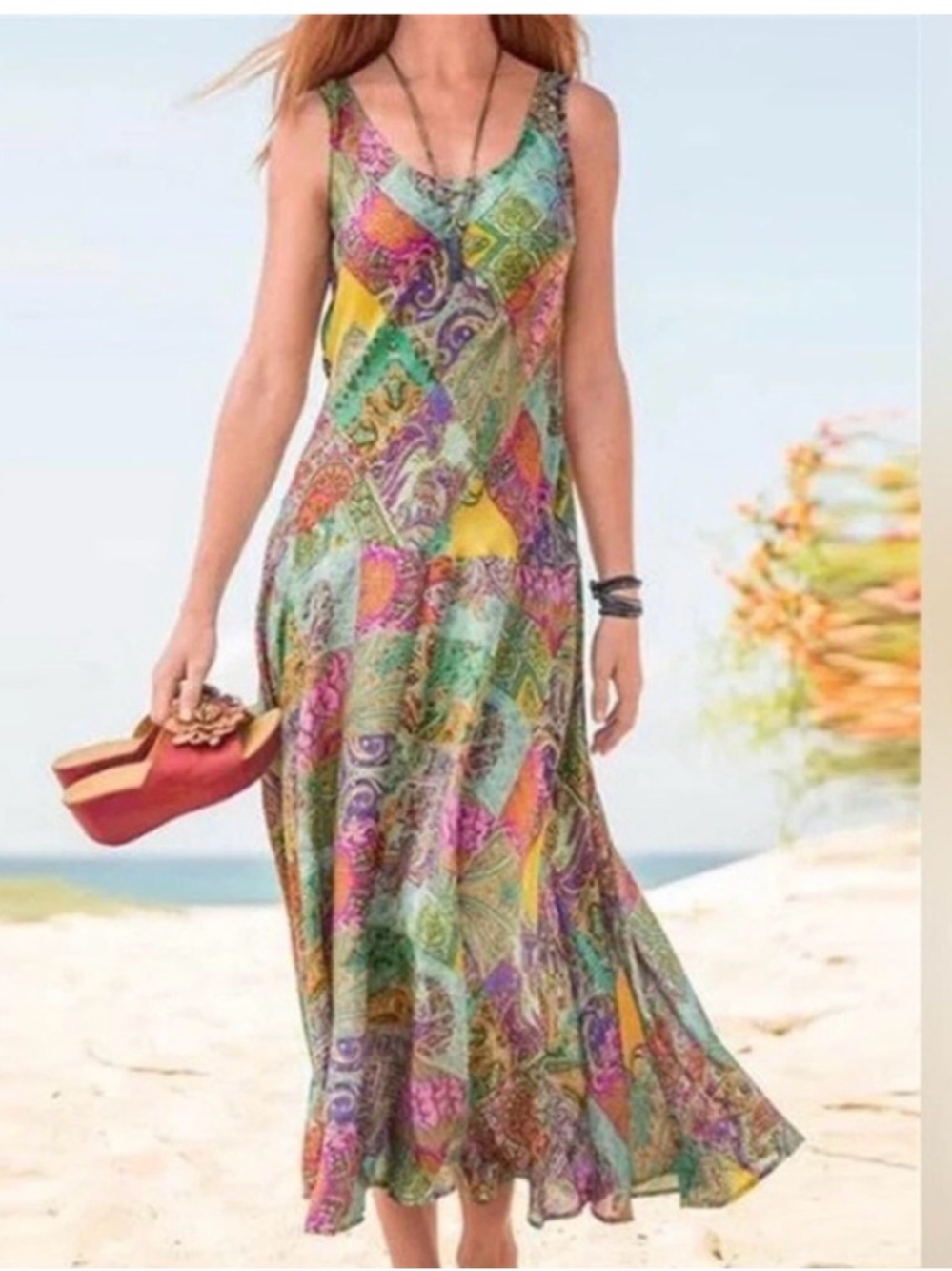Sundance silk, paisley, patchwork print slip dress.